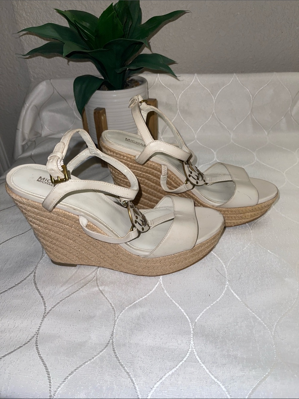MICHAEL Michael Kors Cream Espadrille Wedge Sandals with Logo Medallion
